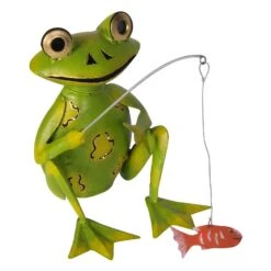 Frosch Mit Angel Sitzend, Grün/ Rot, 25 X 24 X 18 Cm